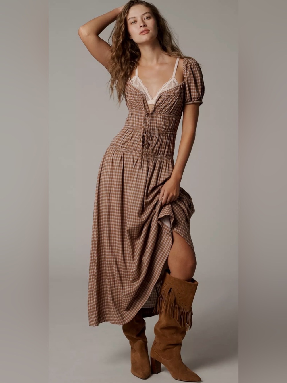 New Reformation Rhett Midi Gingham Dress 2 Brown Prairie Milkmaid Audrie Check